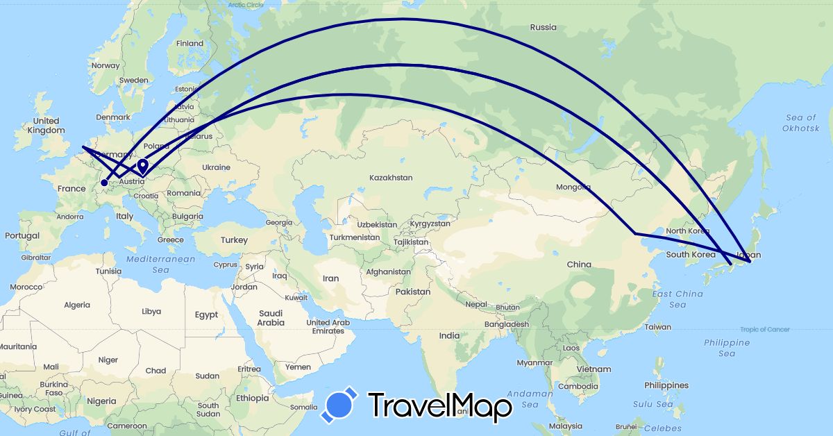TravelMap itinerary: driving in Austria, Switzerland, China, Germany, Japan, Netherlands (Asia, Europe)
